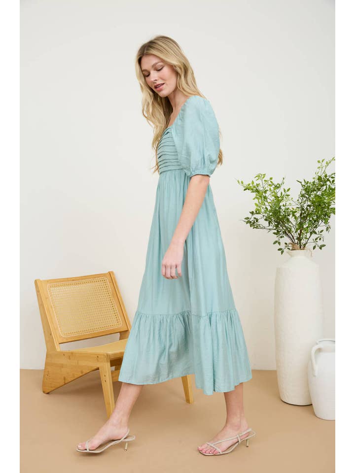 MINE - Wholesale Dress - Women's - PLEATED EMPIRE WAIST PUFF SLEEVE MIDI DRESS