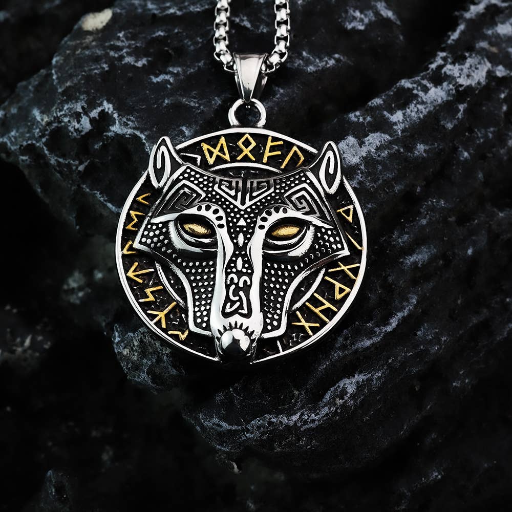 Gemcohub - Wholesale Pendant/Charm Necklace - Nordic Viking Stainless Steel Rune Wolf Head Necklace1