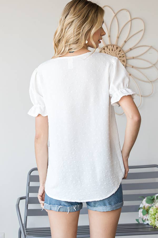 7th Ray - Vendita all'ingrosso Camicetta - Donna - Blusa a maniche corte con volant e scollo a V con pois svizzeri T46834