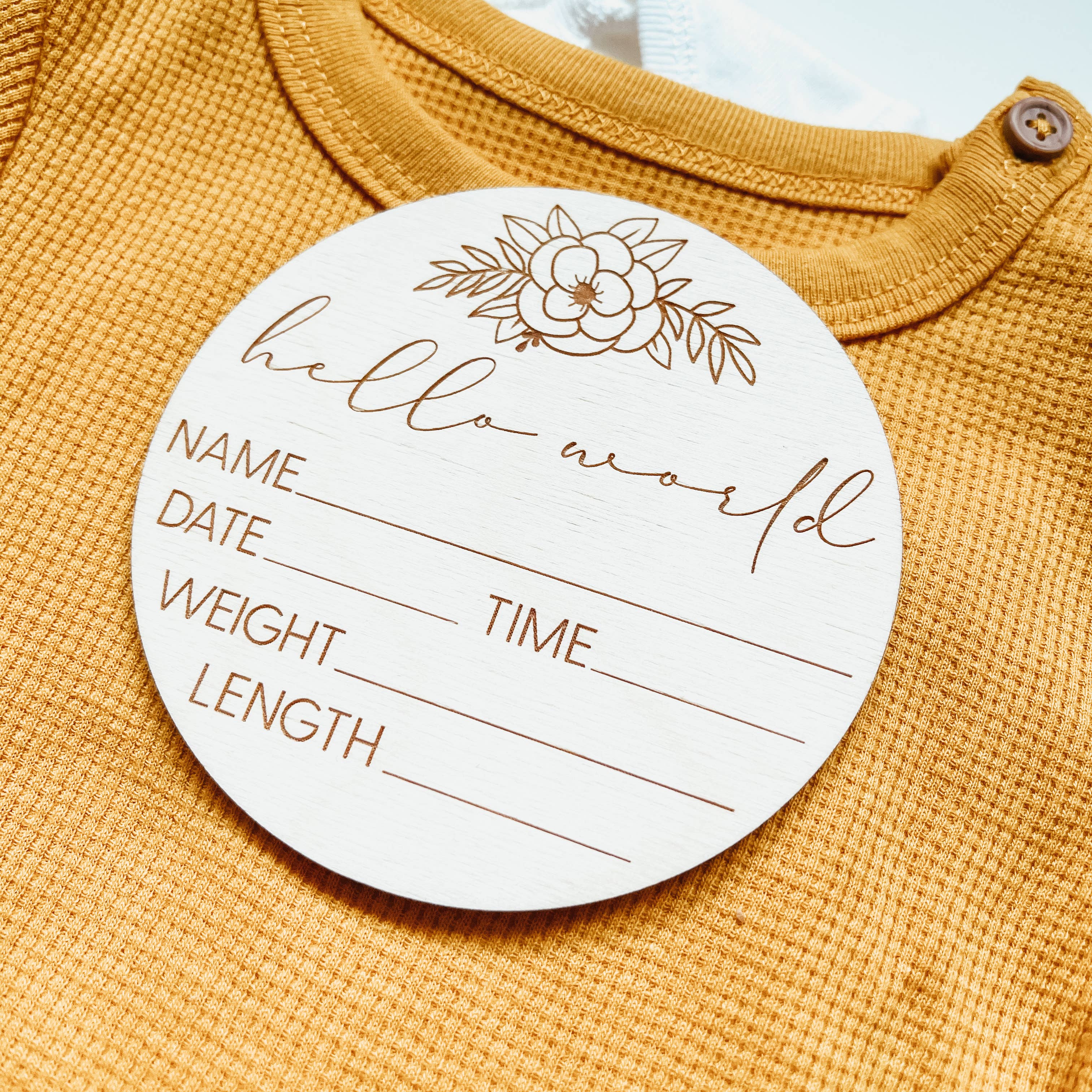 Knotty Design Co. - Wholesale Milestone Art/Keepsake - Kids & Baby - Baby Birth Announcement Sign - Hello World Floral Round2