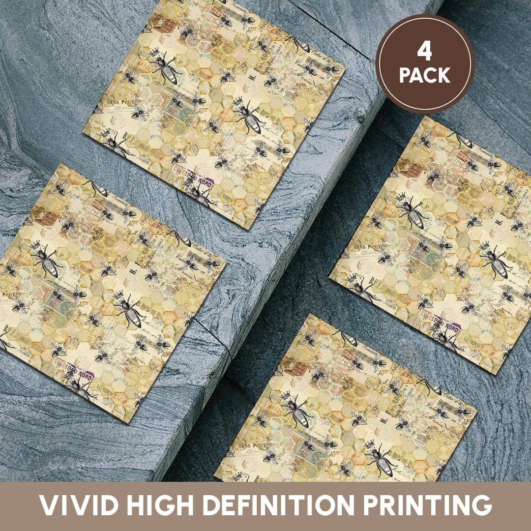 3dRose - Wholesale Coasters - 3dRose, Black, Green, Yellow Honeycomb, Bees, Crowns and Script Collage, Coaster5