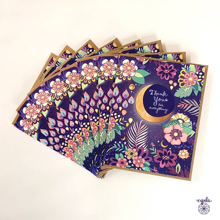 BOX of 8 Moon Thank you card, thank you notecards for wholesale by Cynla