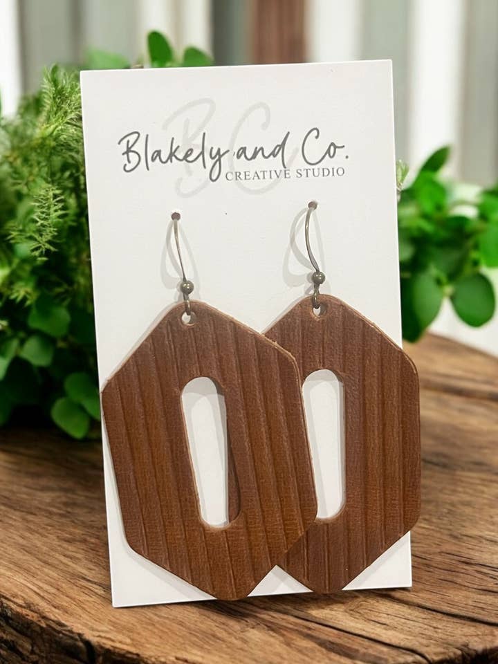 Saddle Tan Embossed Morgan Leather Earrings for wholesale by Blakely and Co.
