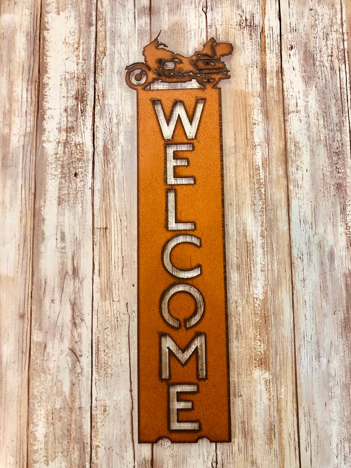 Full Dress Harley Motorcycle Vertical welcome Sign for wholesale by Universal Ironworks USA