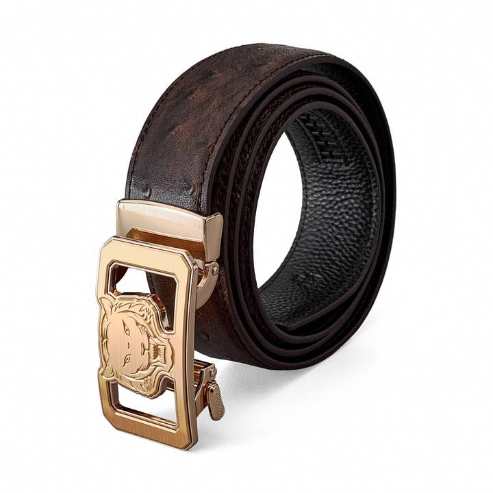 Ostrich-Emb. Leather Lion Auto BKL Belt – Gold Ed.-GOLD/COFFEE for wholesale on Faire0