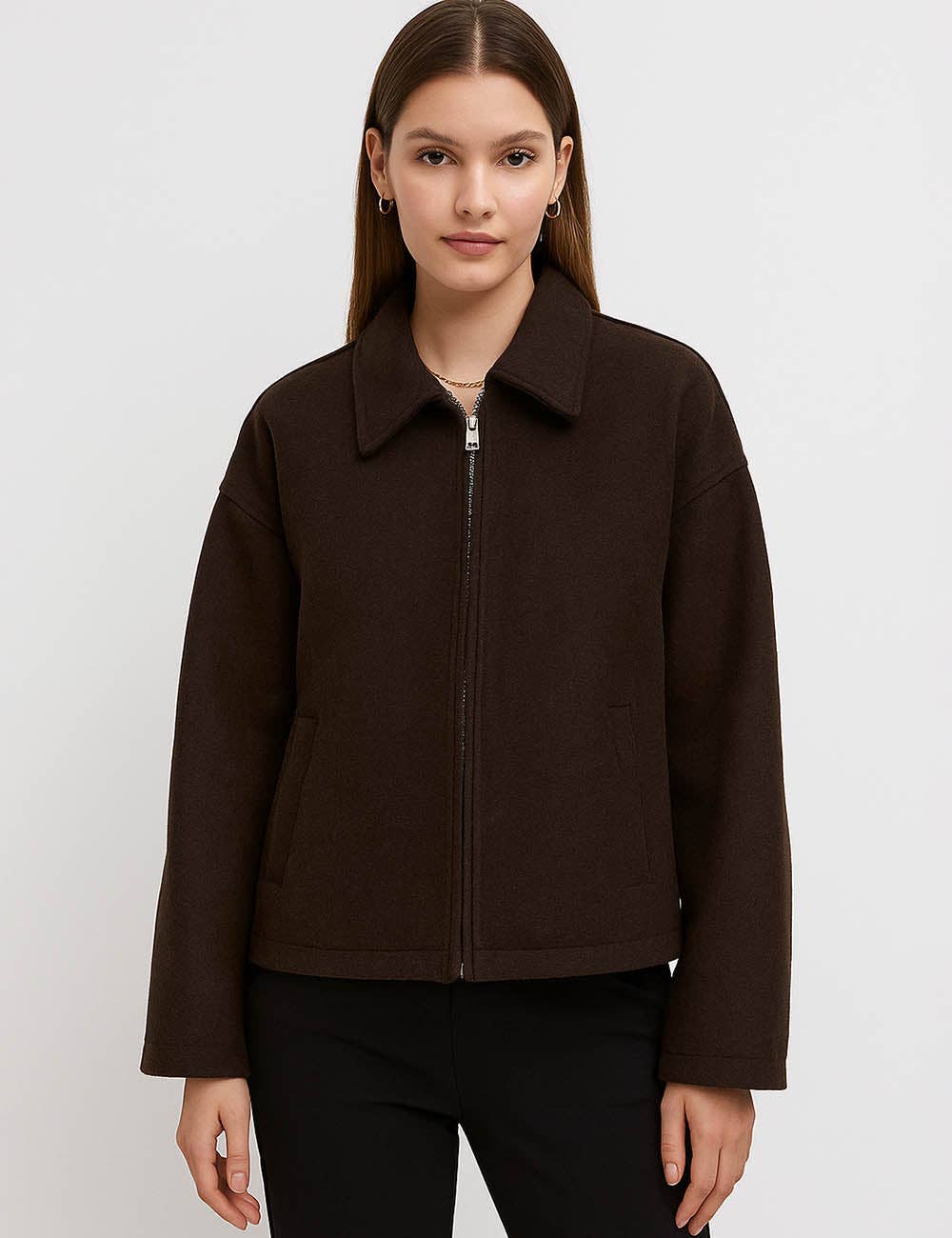 Sweetkama – wholesale Jacka - Dam – Damkappa i ullblandning med dragkedja och nedvikt krage1