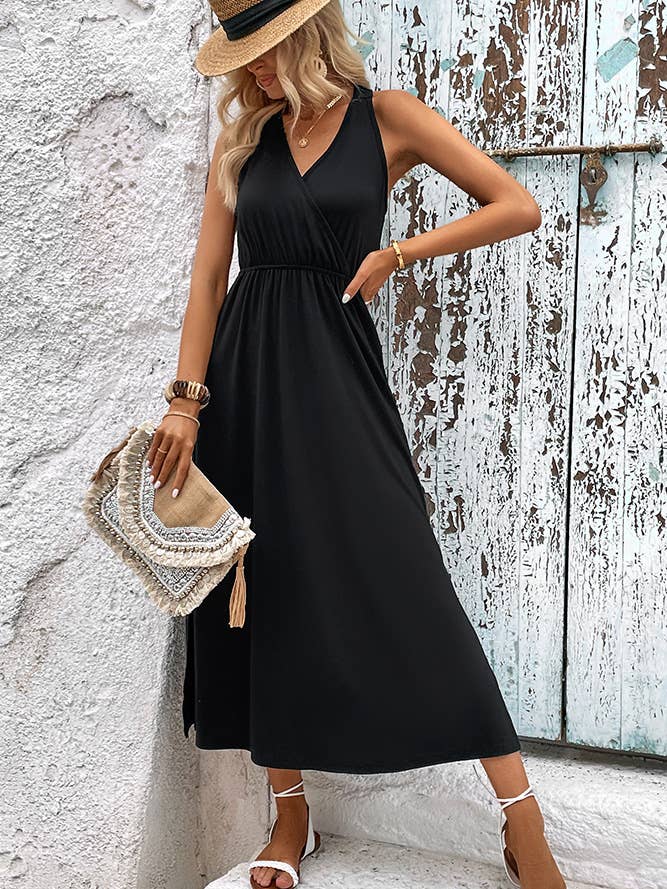 UNISHE - Wholesale Dress - Women's - Plain Wrap V Neck Split Sleeveless Maxi Dress BFZY535