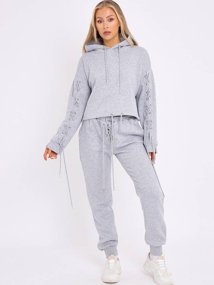 Stylewise Direct - Wholesale Lounge set – Women's - Eyelet Lace Up Detail Hoodie & Jogger Fleece Co-ord1