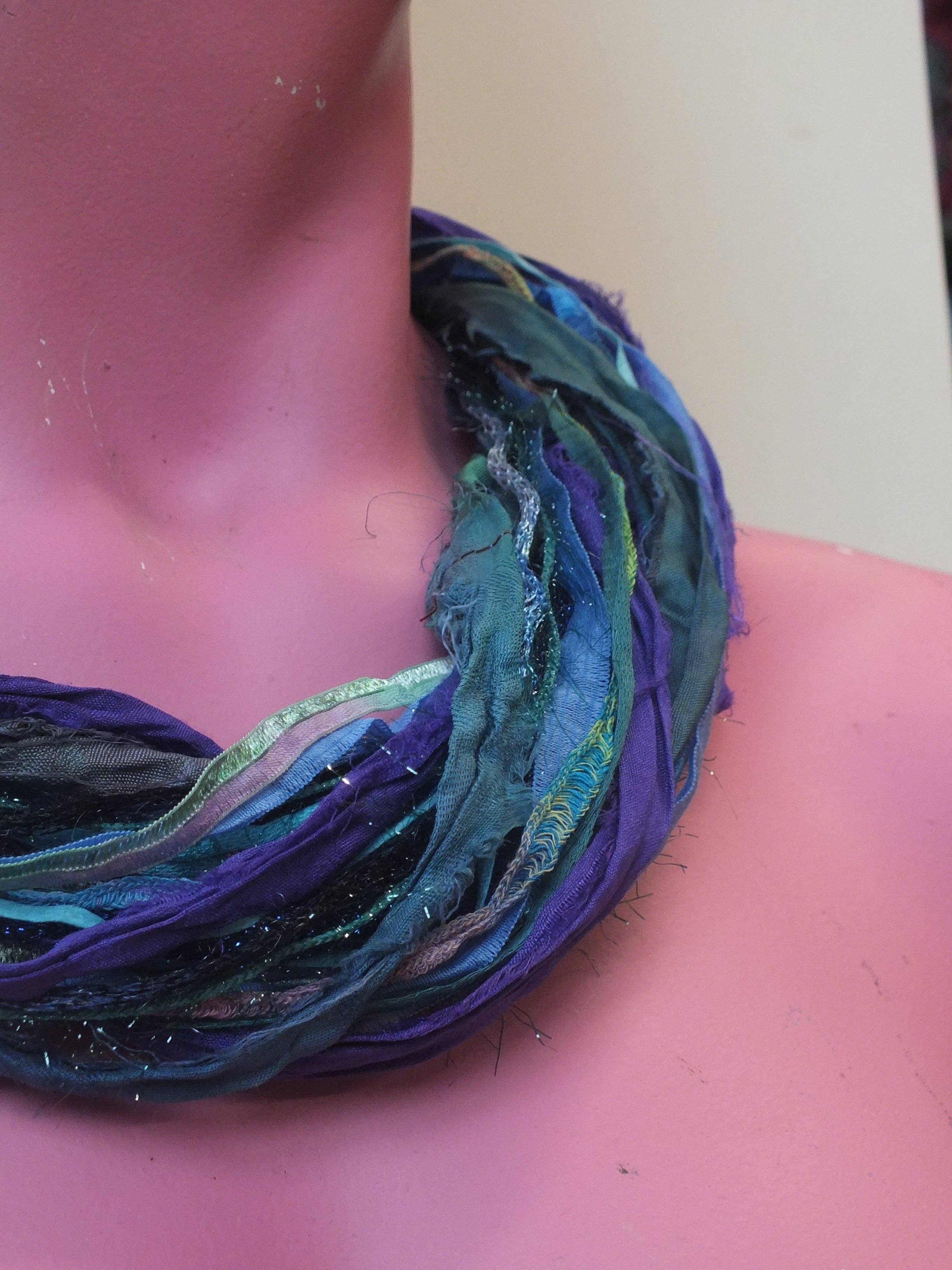 Megan Crook Textiles – wholesale Scarf – Women's – Silk Yarn Necklace in Turquoise & Purple2