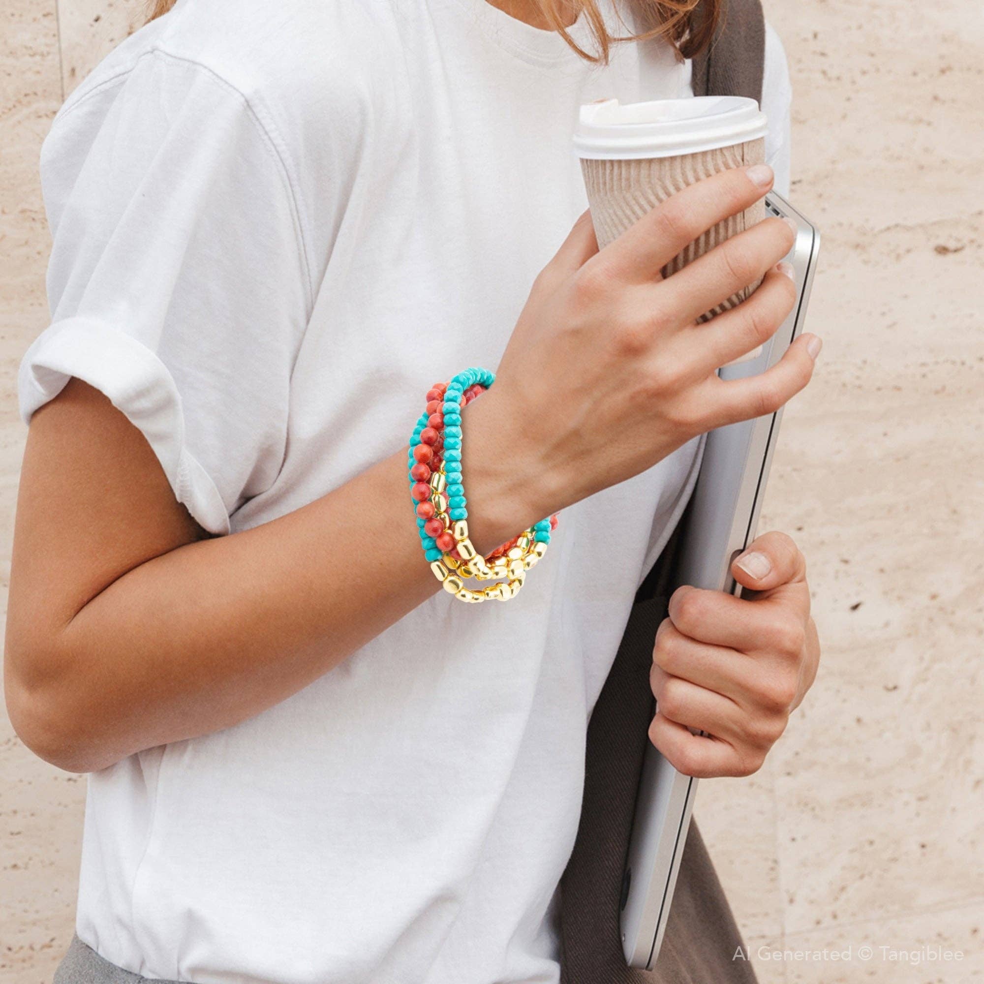 Barse Jewelry – Conjunto de joias por atacado – Conjunto de Pulseiras Douradas com Magnesita Azul Mesa e Coral Vermelho3