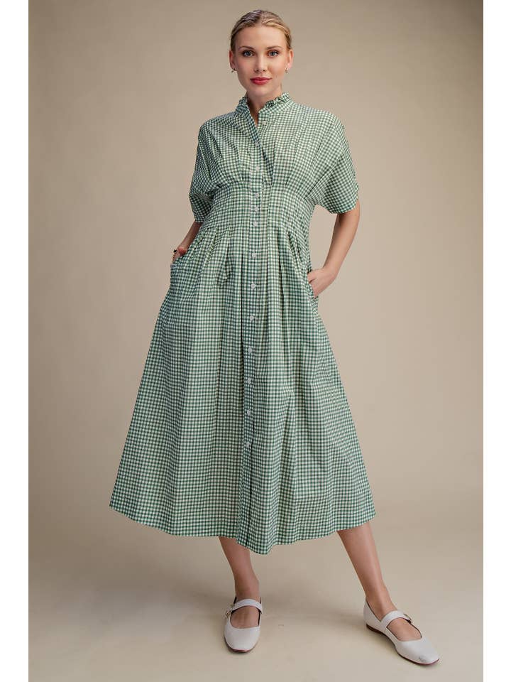 Glam - Wholesale Dress - Women's - Gingham Check Ruffle Neck Waist Pleated Midi Dress1