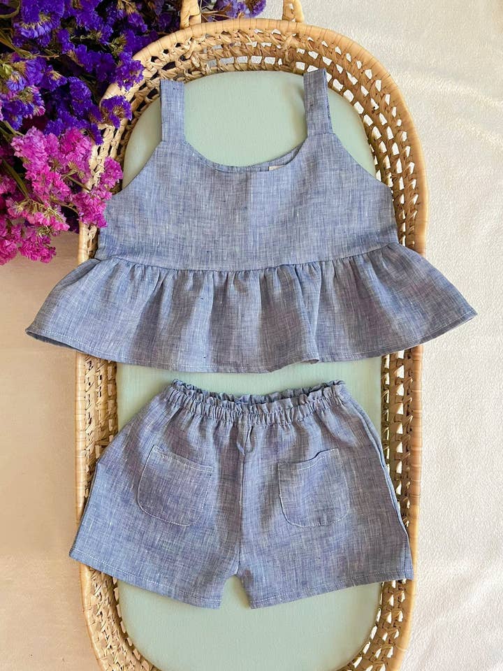 Blauw Linnen Top en Korte Broek Set voor wholesale door Maria Jasmim Baby & Child