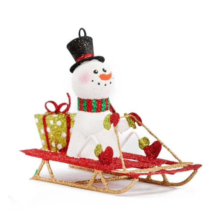 3" Snowman on Sled w/Gift Ornament for wholesale by Dekorasyon Gifts  Decor