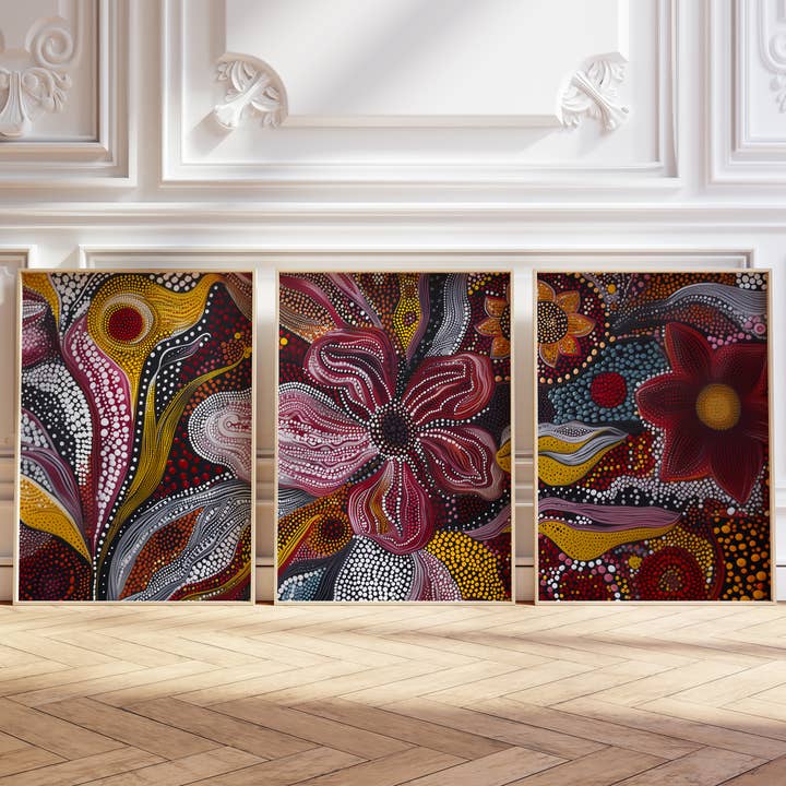 Set of 3 Feminine Floral Aboriginal-Inspired Triptych Art for wholesale by IuliiaArtPrints