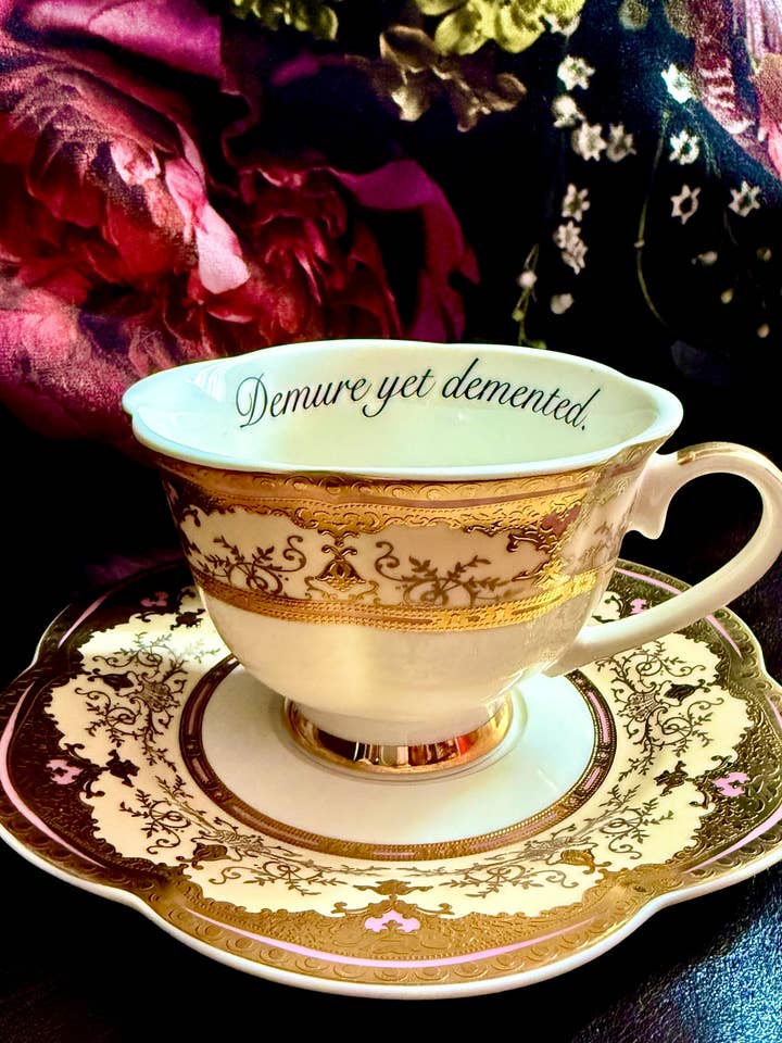 Demure yet Demented Vintage Style teacup and saucer for wholesale by misshavishamscuriosities