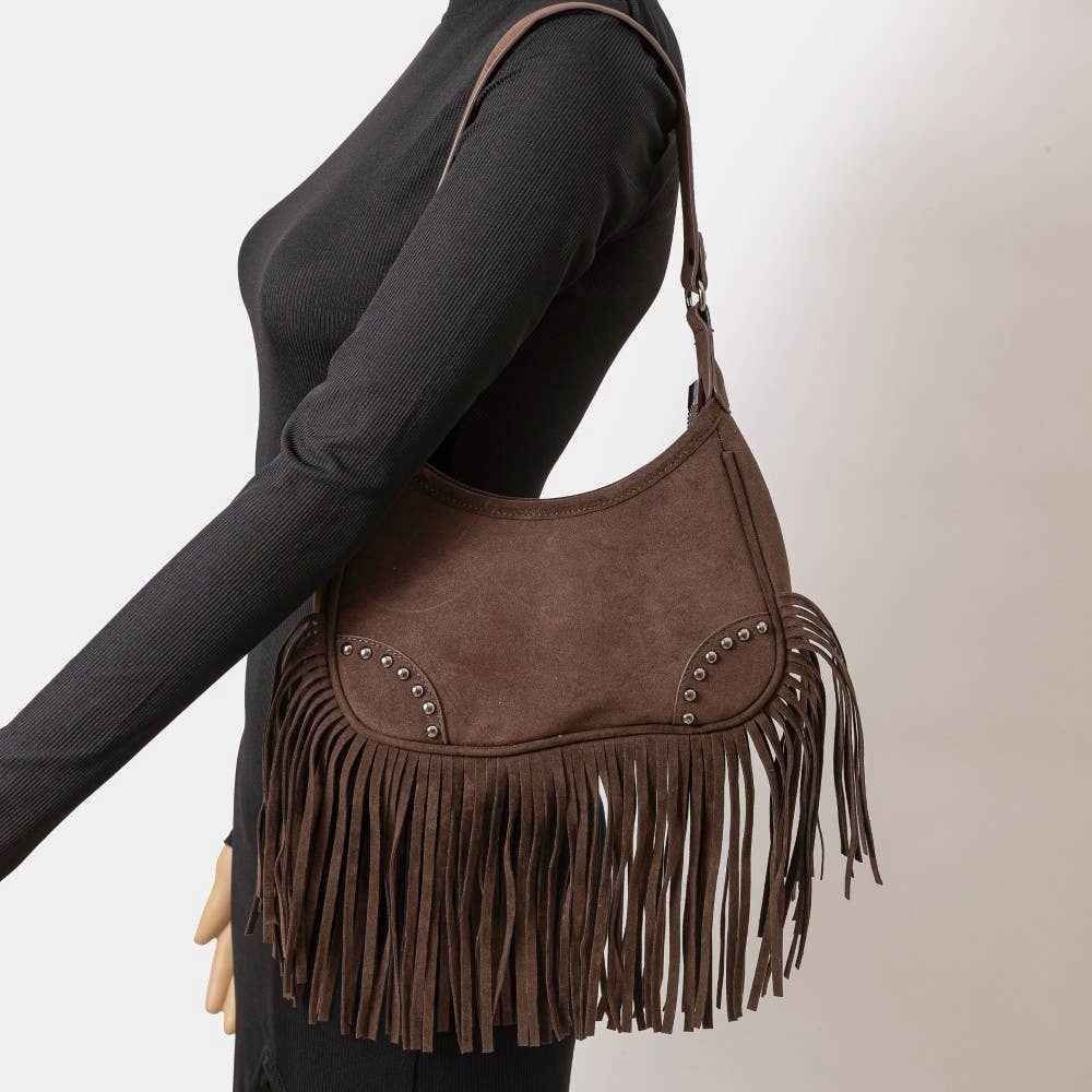 Collections by Fame Accessories - Wholesale Crossbody Bag - Women's - Suede Fringe Belt Decor Shoulder Bag6