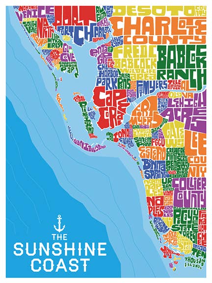 Fort Myers-Sanibel-Naples area Typography Map for wholesale by LOST DOG art & frame