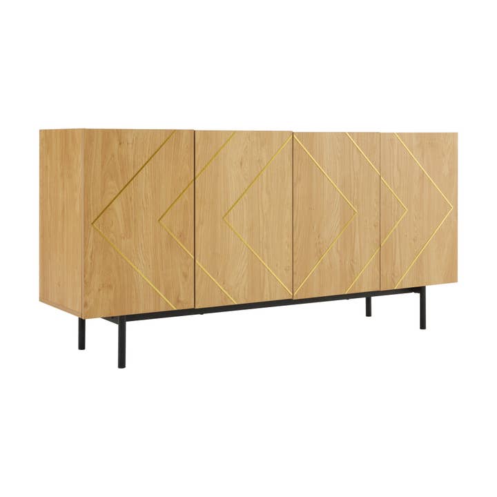 Houten effect buffet met geometrisch patroon gouden stoffen 4 deuren verhoogde zwarte poten COLS voor wholesale door Urban Meuble