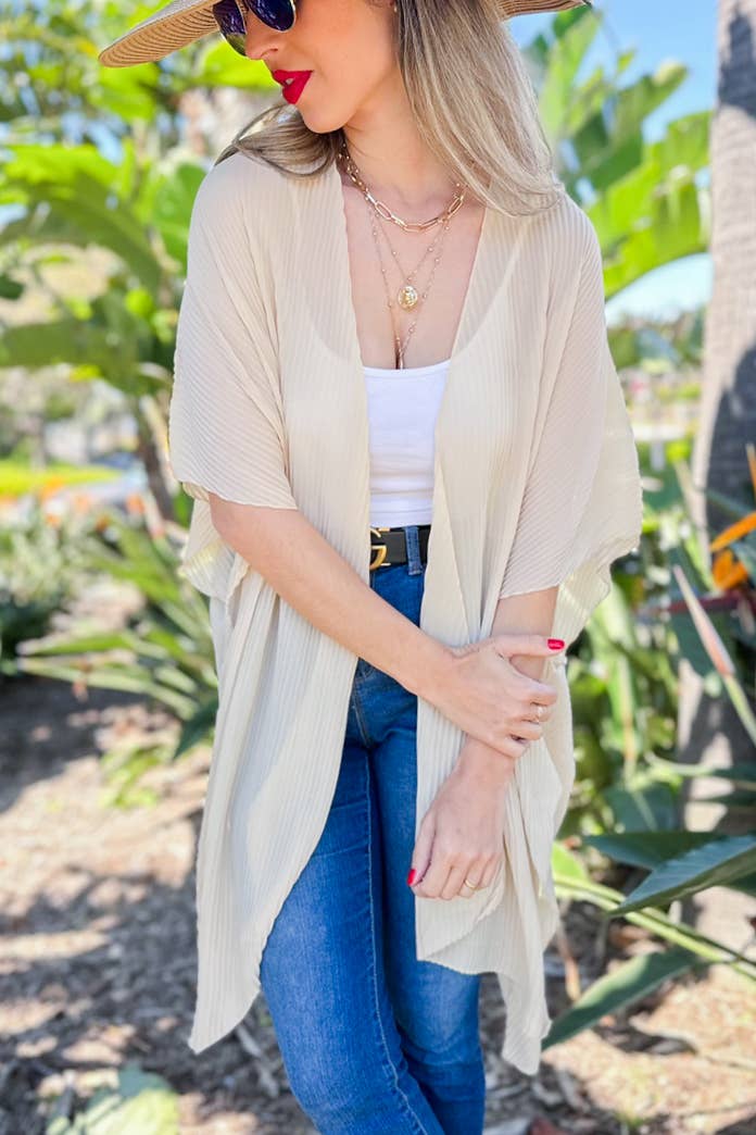 Beige Solid Pleated Chiffon Kimono Cover Up for wholesale on Faire1