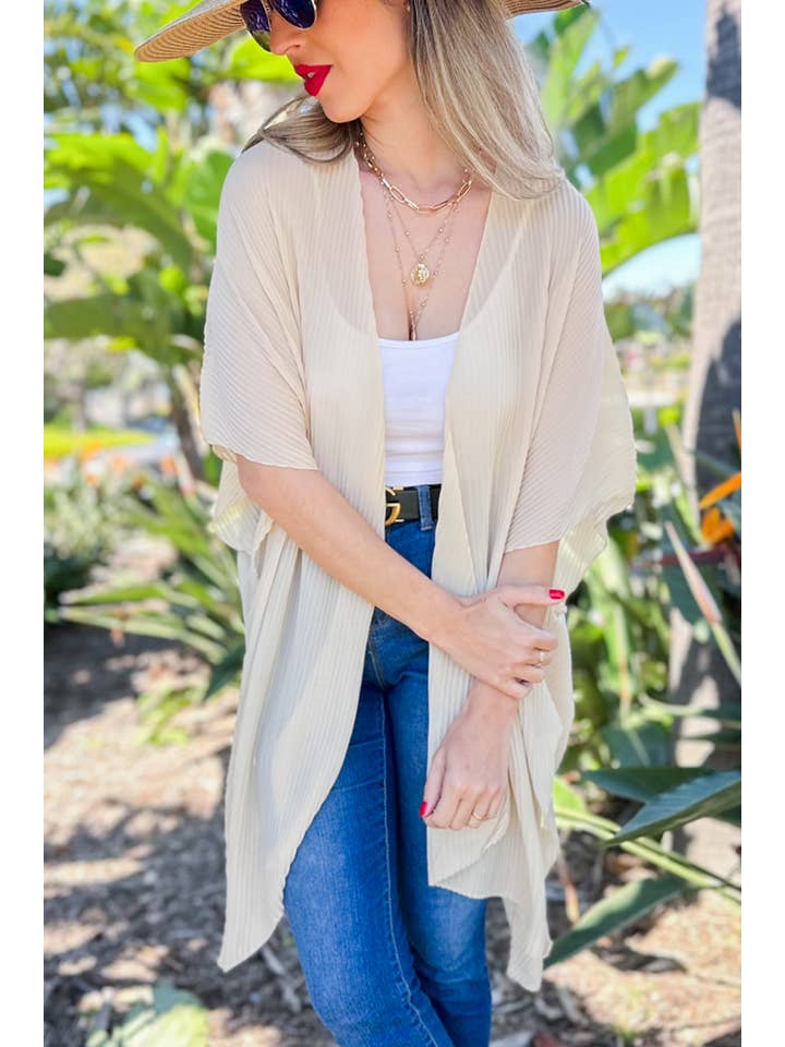 Beige Solid Pleated Chiffon Kimono Cover Up for wholesale on Faire1
