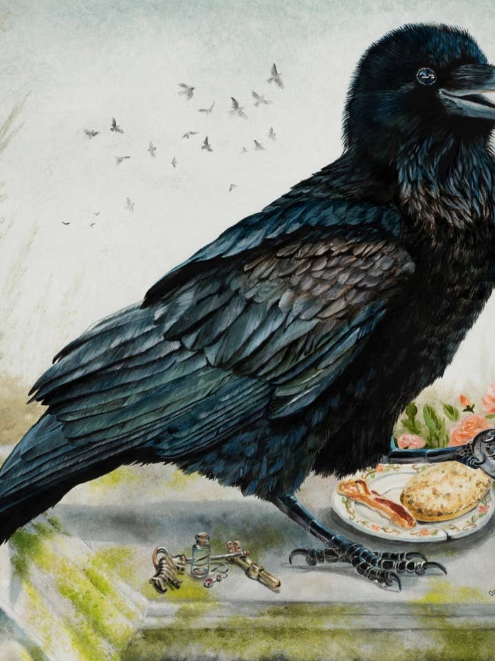 Breakfast Raven Coffee Bird Signed Archival Art Print for wholesale by Holly Simental