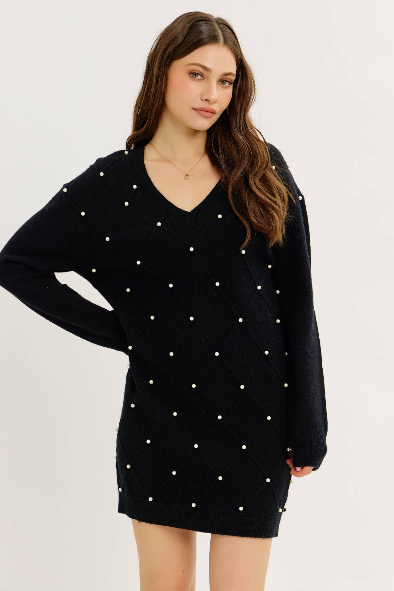idem ditto - Wholesale Dress - Women's - GLAM MEETS COZY COMFORT PEARL SWEATER MINI DRESS0