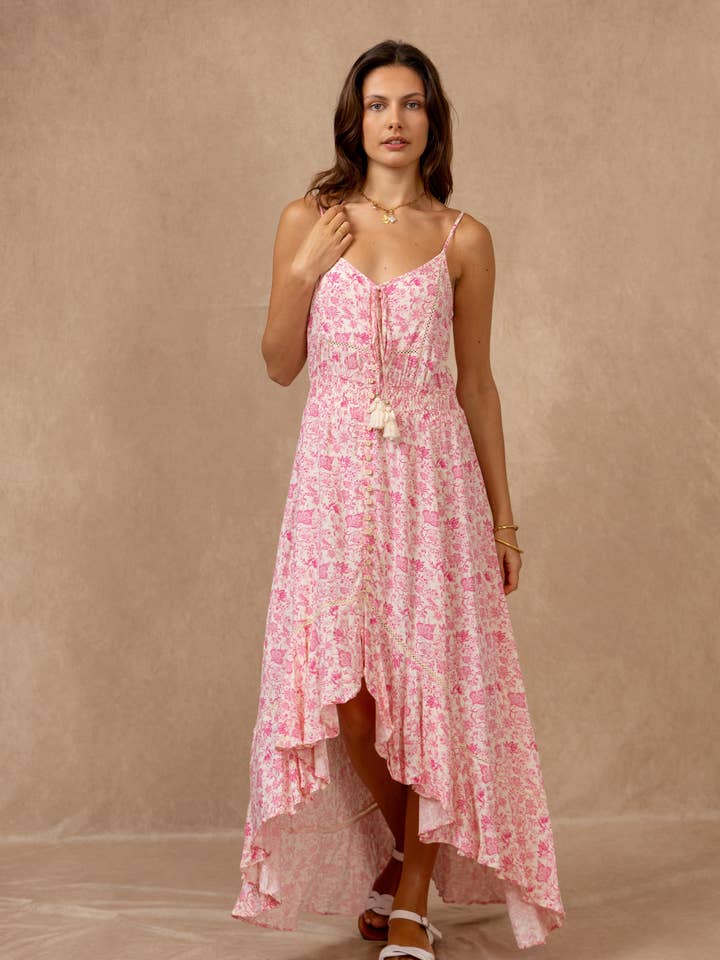 Ärmelloses langes Kleid mit Blumenmuster, V-Ausschnitt mit Knoten für den Großhandel von last queen