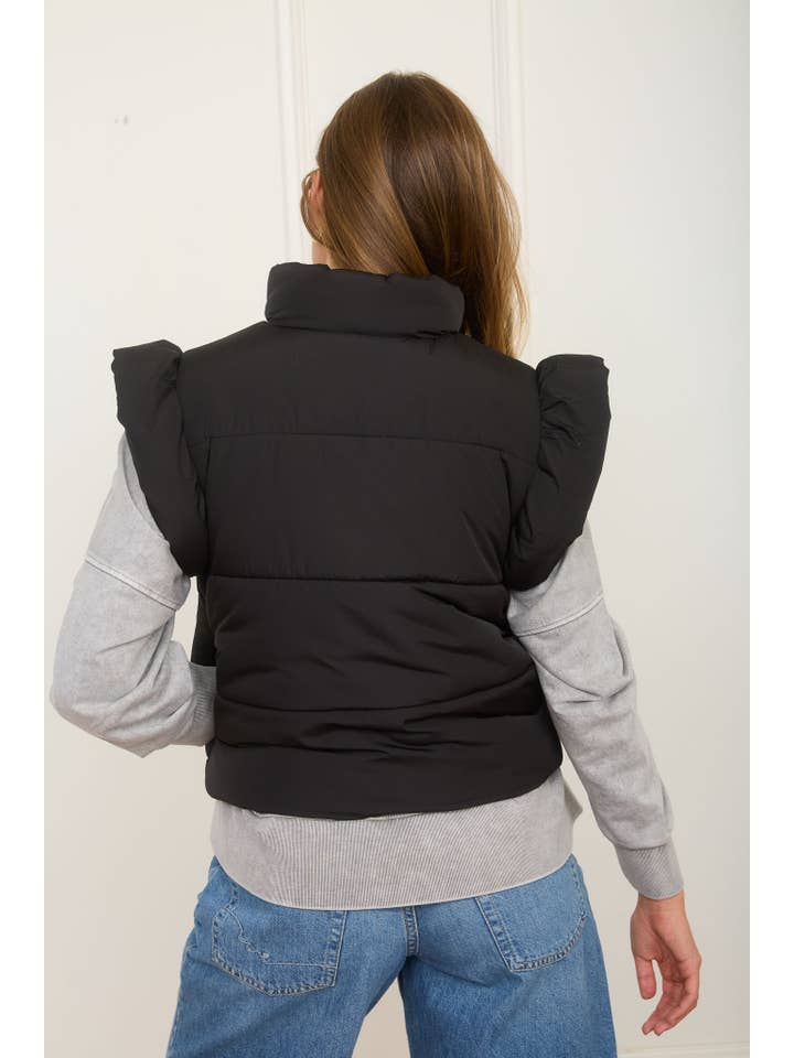 MINE - Vente Veste sans manches – femme - GILET MATELASSÉ À FERMETURE ÉCLAIR AVEC DÉTAIL NŒUD ET MANCHES VOLANTES33