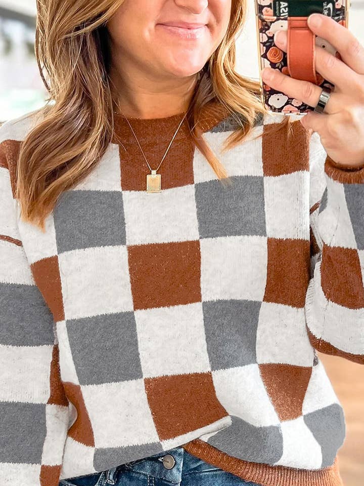 Brown Plus Size Checkered Crewneck Sweater for wholesale by Lovesoft