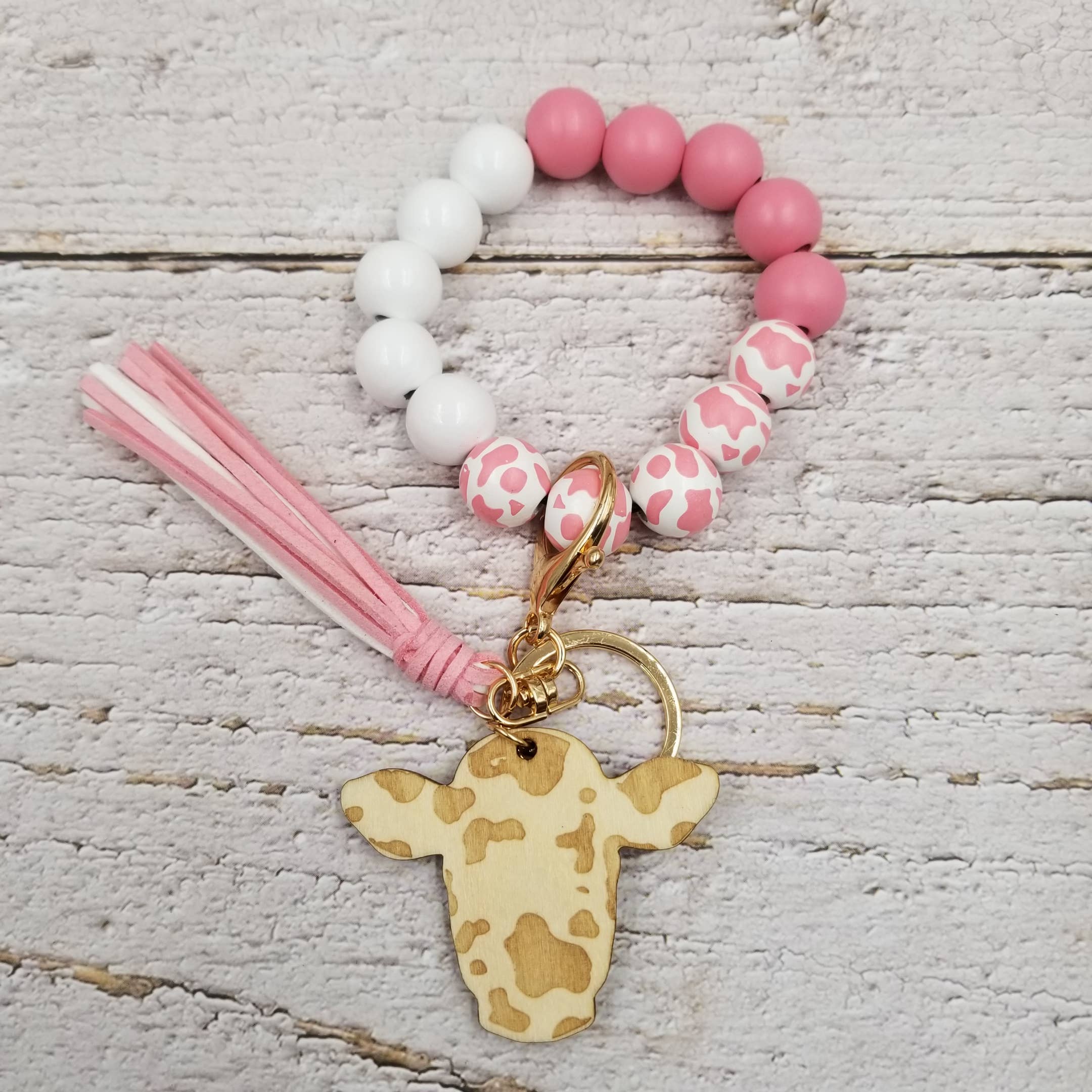Treasure Wholesale - Wholesale Keychain Bracelet - Cow & Wood Bangle Keychain Tassels Bracelet1