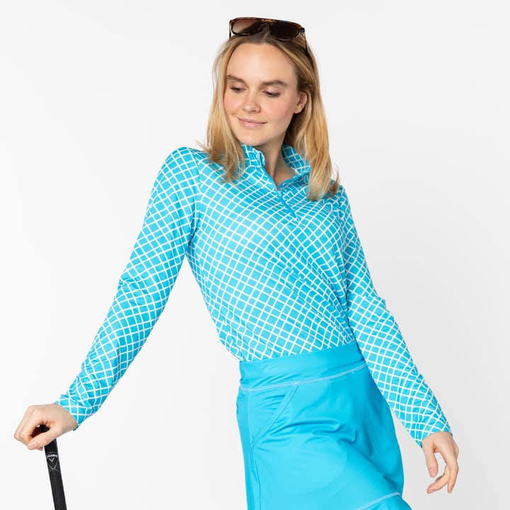 Ameliora Athletic - Wholesale Athletic top – Women′s - Blue Grid Shirt for Pickleball Tennis Golf w/Sun Protection1