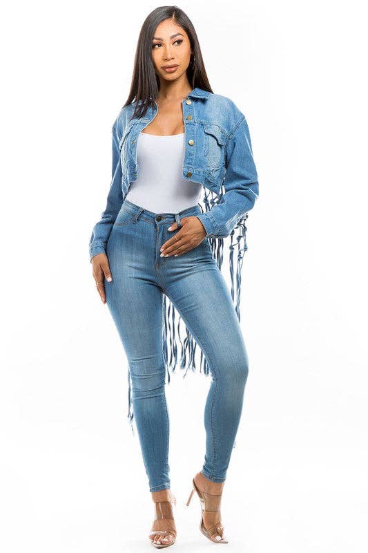 bleu VESTE COURTE EN JEAN POUR FEMMES en vente sur Faire2