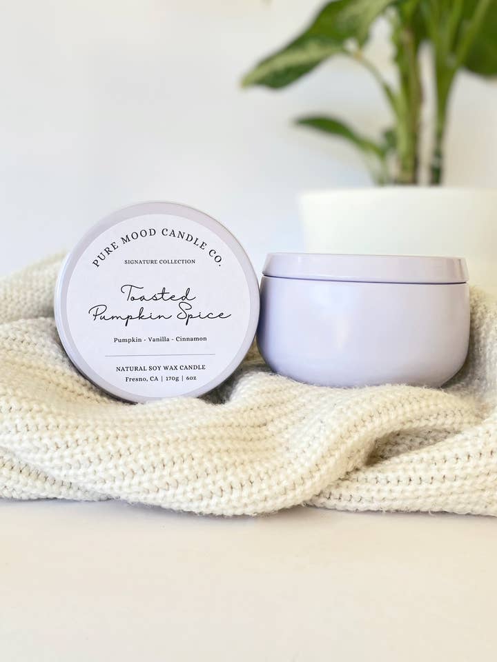 Toasted Pumpkin Spice Candle - White 6 oz Tin Candle for wholesale by Pure Mood Candle Co.