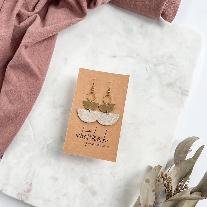 Whitebirch Handmade Goods - Wholesale Dangle Earrings - Mini Beige Leather & Brass Stacked Half Moon Dangle Earrings