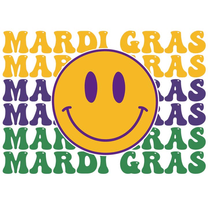 Mardi Gras Smiley DTF Transfer for wholesale by M2B Designs