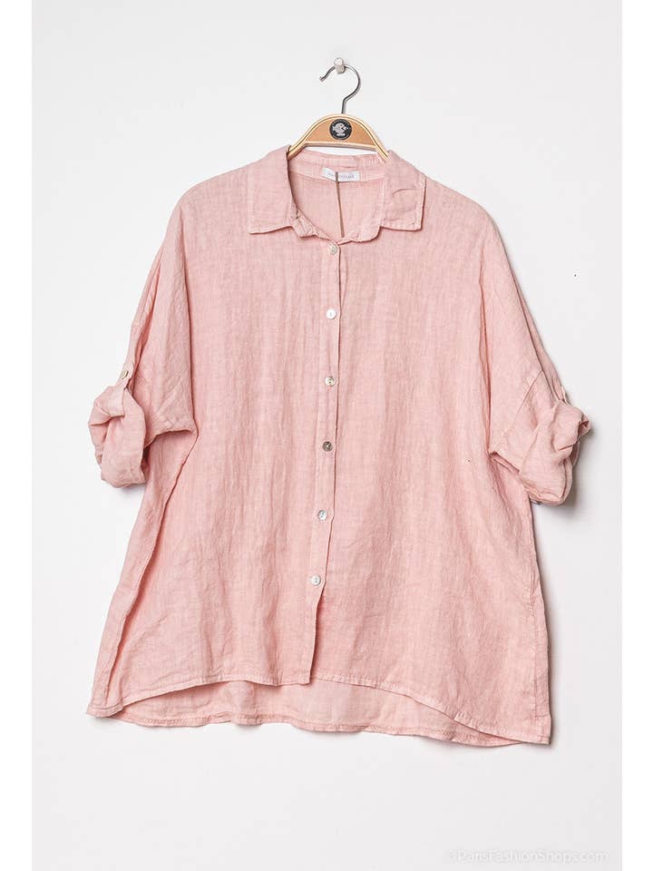 Happy look – Camisa com botões no colarinho – Mulher por atacado – Camisa folgada de linho com mangas dobráveis7