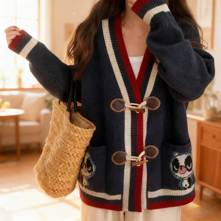 Art collage horn button V-neck knitted cardigan for wholesale by Lily Clothing