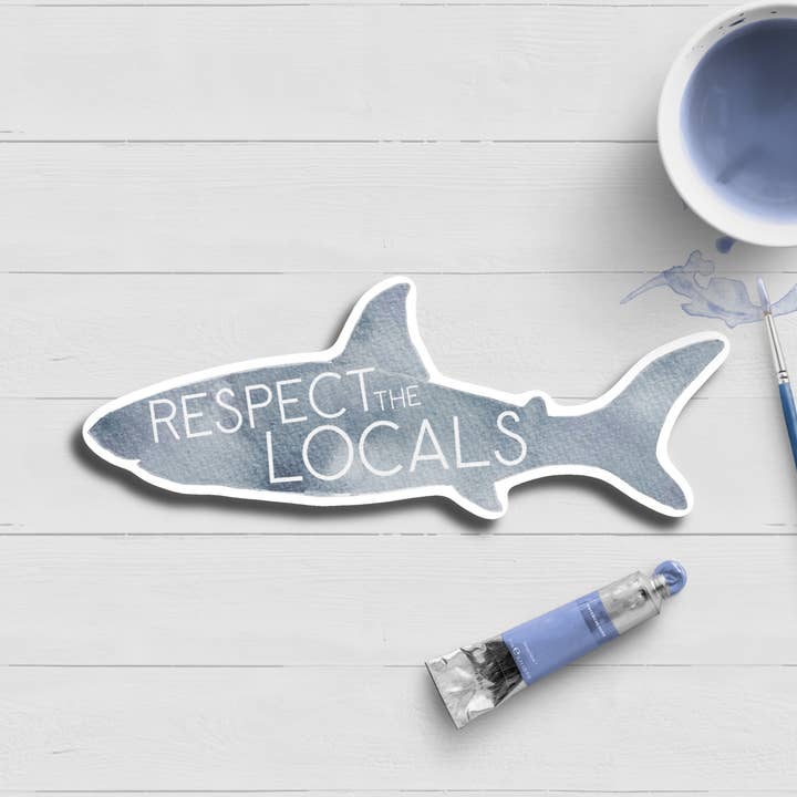 Respect The Locals Shark Watercolor Sticker for wholesale by WonderfullyWrittenCo