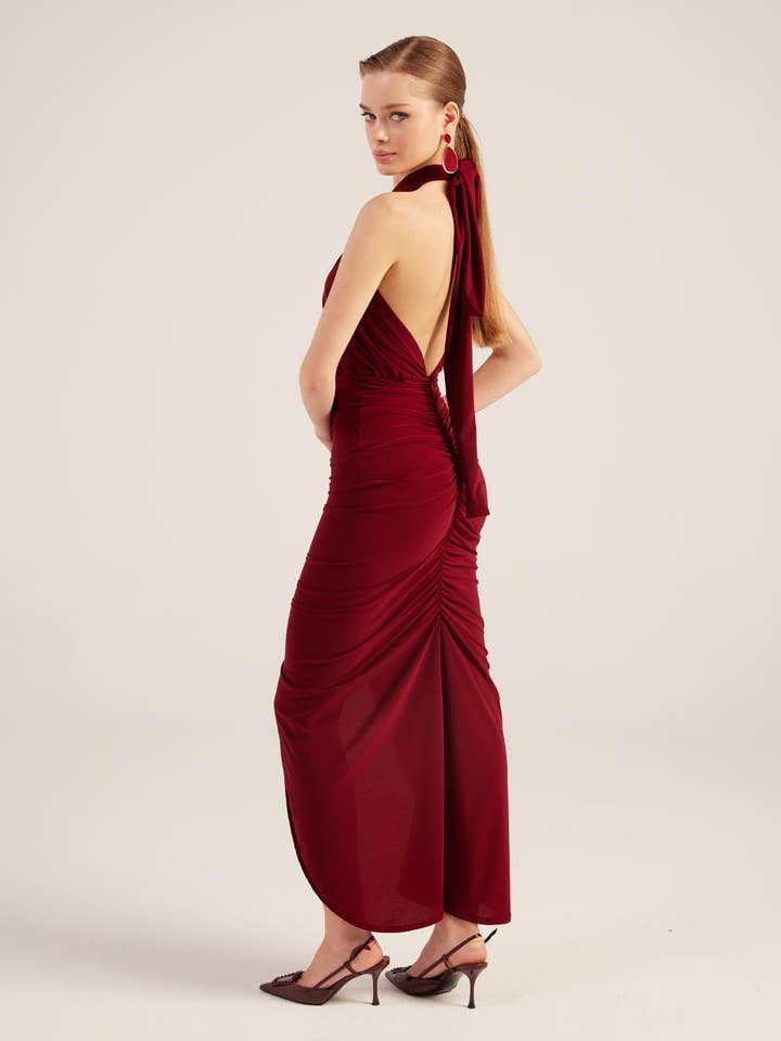 Buy Me Fur – wholesale Klänning - Dam – Marie Burgundy Rygglös Slits Maxi Klänning