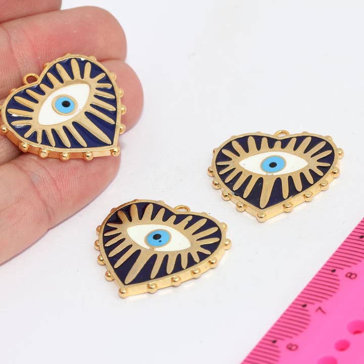 27x28mm 24k Shiny Gold Evil Eye Enamel Heart Charms, MTE1247 for wholesale by QueenJewelryM