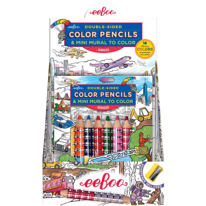 Vehicles 8 Double-Sided Biggie Pencils with Mini Mural for wholesale by eeBoo