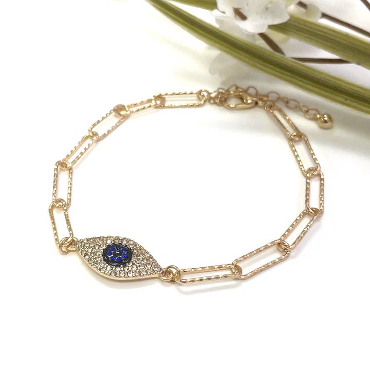 Gold Blue Evil Eye Stone Pendant with Diacut Paper Clip Chain Bracelet for wholesale on Faire