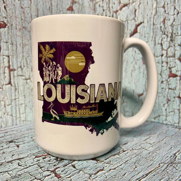 Tazza da caffè Louisiana Vintage Retro State 15oz per la vendita all'ingrosso da parte di Prairie Chicken Sticker Shop & Gifts