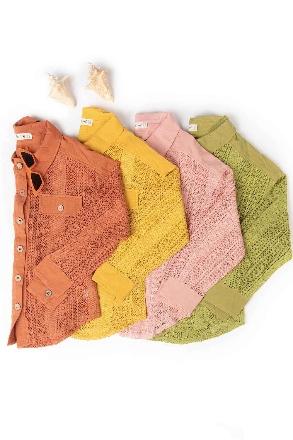 YELLOW NJ90118-Lace Crochet Button Down Sheer Shacket for wholesale on Faire