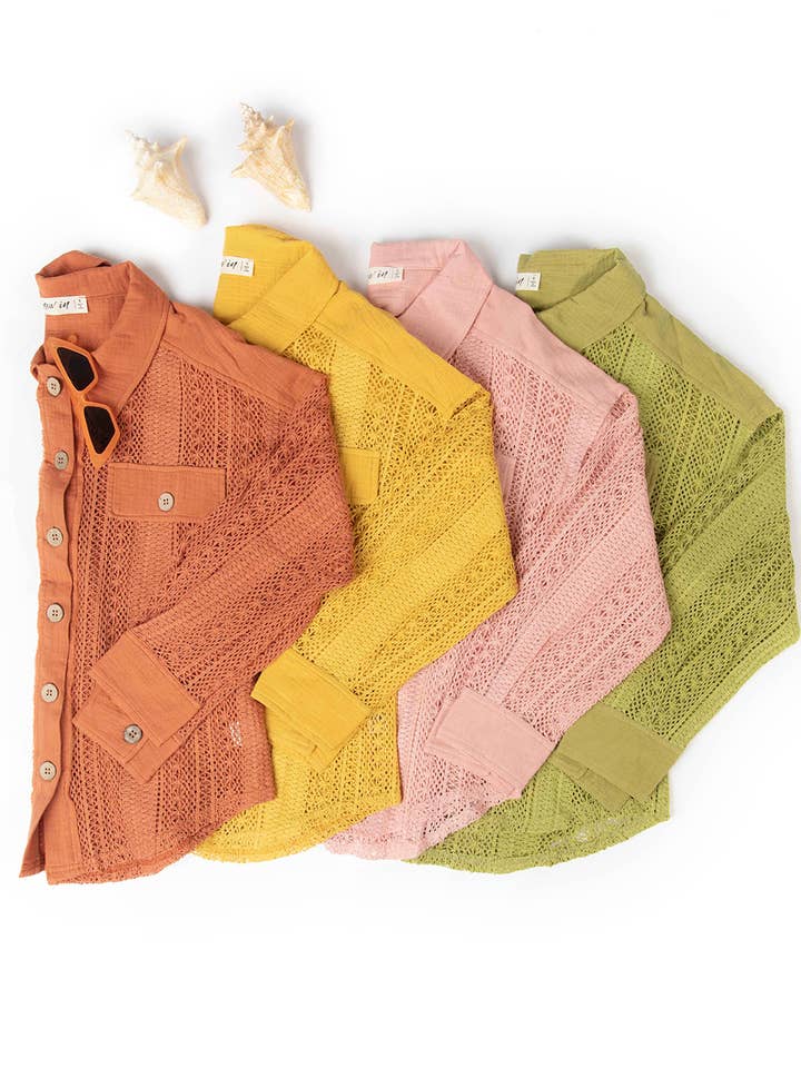 YELLOW NJ90118-Lace Crochet Button Down Sheer Shacket for wholesale on Faire0