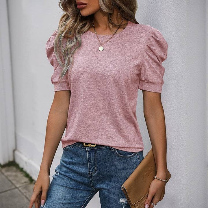Sheer Trend - Wholesale Blouse - Women's - Solid Color Bubble Short Sleeve T-Shirt2