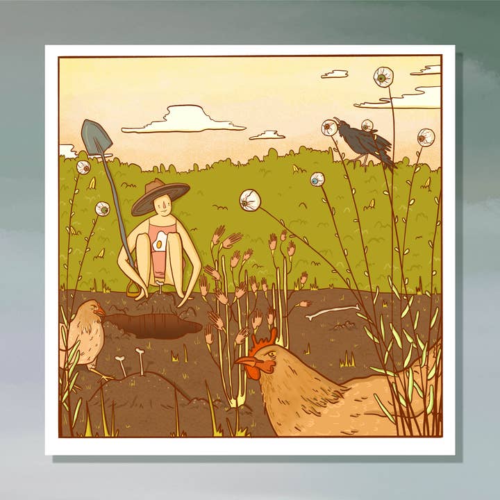 Egg Farmer in Garden Print for wholesale by Micael Nunez