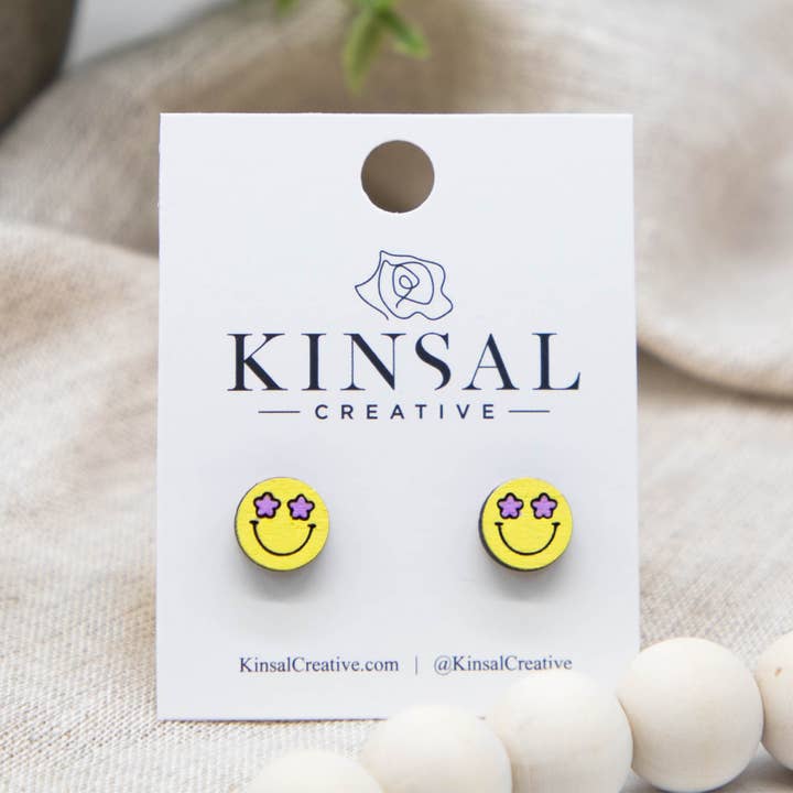 Kinsal Creative - Wholesale Stud/Post Earrings - Easter Happy Face Wood Stud Earrings6