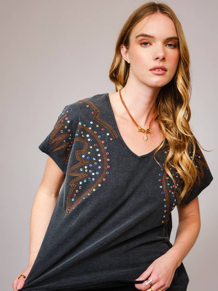 23538T - Garment Washed Embroidered Studded T Shirt for wholesale by Blue B