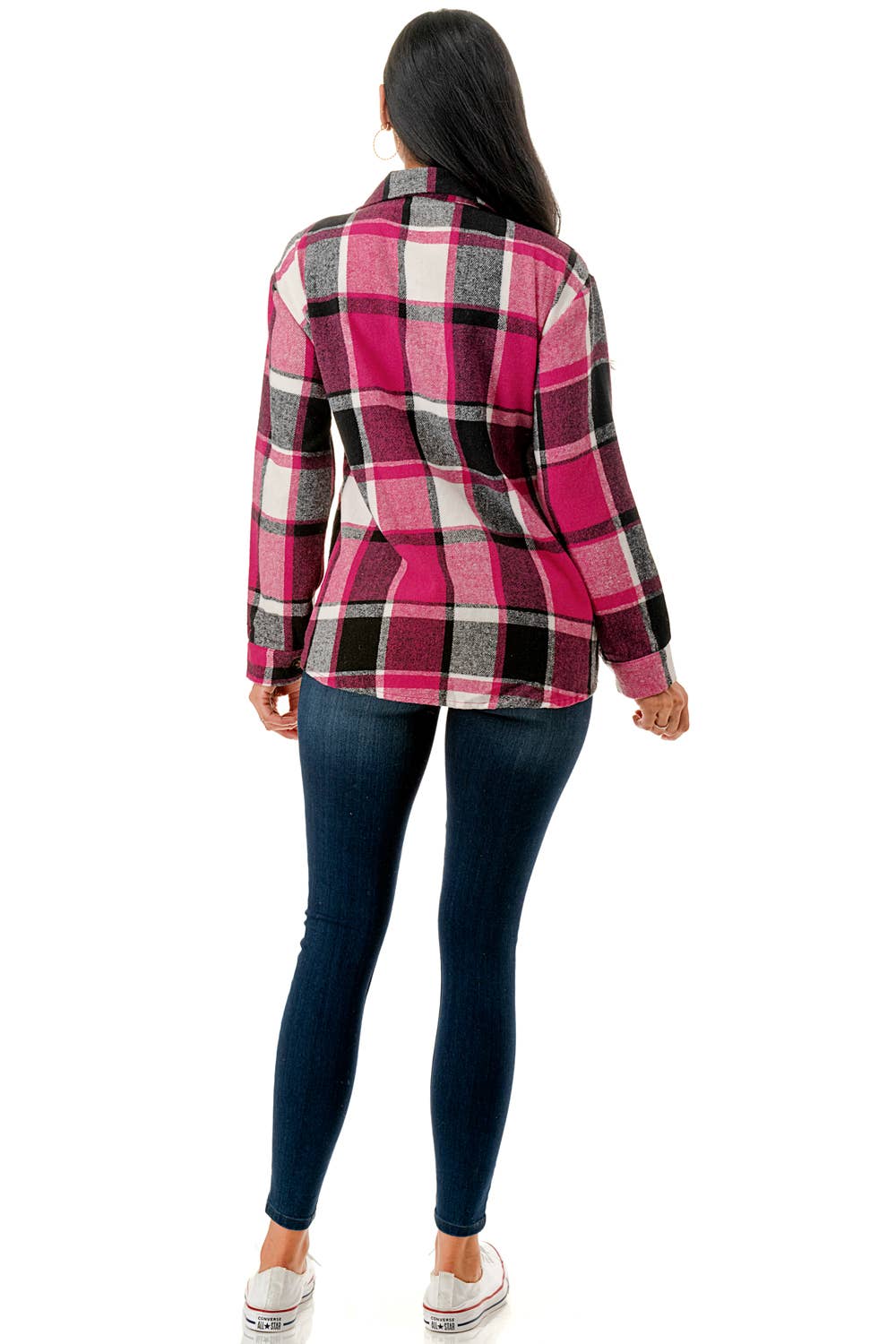 Color 5 - Vendita all'ingrosso Giacca a camicia - Donna - Camicia oversize in flanella scozzese rosa con tasche9